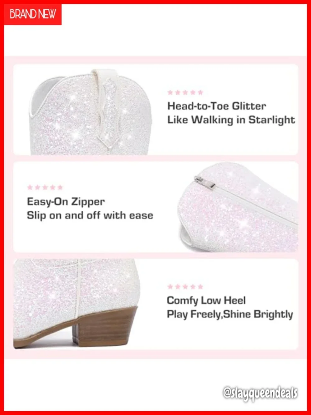 Girls Glitter Cowgirl Boots Pointed Toe Mid-Calf Block Heel
